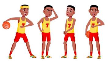 tonåring pojke poser uppsättning vektor. svart. afro amerikansk. söt, komisk. glädje. för vykort, meddelande, omslag design. isolerat tecknad serie illustration vektor