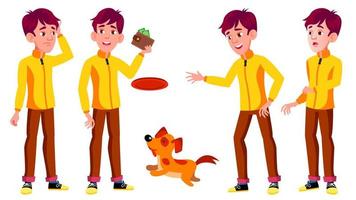 Teenager-Junge stellt einen Vektor auf. Haustier Hund. Freunde, Leben. für Präsentation, Einladung, Kartendesign. isolierte karikaturillustration
