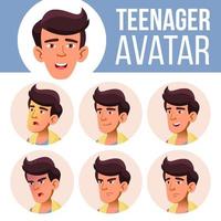 asiatisk tonåring pojke avatar uppsättning vektor. ansikte känslor. emotionell. tillfällig, vän. tecknad serie huvud illustration vektor