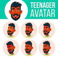 Teenager-Jungen-Avatar-Set-Vektor. indisch, hindu. asiatisch. Emotionen begegnen. Ausdruck, positiver Mensch. Schönheit, Lebensstil. Cartoon-Kopf-Illustration vektor