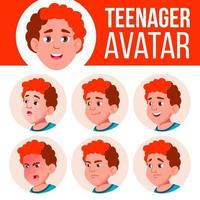 tonåring pojke avatar uppsättning vektor. ansikte känslor. barn. röd huvud. fett spelare. skön, rolig. tecknad serie huvud illustration vektor