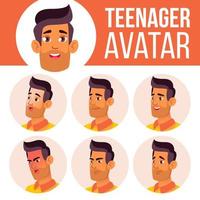 Teenager-Jungen-Avatar-Set-Vektor. arabisch, muslim. Emotionen begegnen. Kind. freundlich. Cartoon-Kopf-Illustration vektor