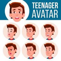 tonåring pojke avatar uppsättning vektor. ansikte känslor. ansiktsbehandling, människor. aktiva, glädje. tecknad serie huvud illustration vektor