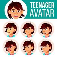 asiatisk tonåring flicka avatar uppsättning vektor. ansikte känslor. uttryck, positiv person. skönhet, livsstil. tecknad serie huvud illustration vektor