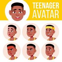 Teenager-Jungen-Avatar-Set-Vektor. Schwarz. Afroamerikaner. Emotionen begegnen. hoch, Kind Schüler. klein, jünger. Cartoon-Kopf-Illustration vektor