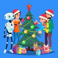 Roboter hilft, Weihnachtsbaum für glücklichen Familienvektor zu schmücken. isolierte Abbildung vektor