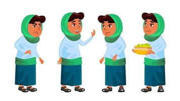 arabische, muslimische mädchenschule, mädchenkind wirft gesetzten vektor auf. Grundschulkind. für postkarte, ankündigung, coverdesign. isolierte karikaturillustration