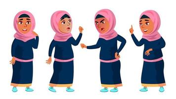 arabische, muslimische mädchenschule, mädchenkind wirft gesetzten vektor auf. Kind. Teenager. traditionelle Kleidung. für web, broschüre, plakatdesign. isolierte karikaturillustration