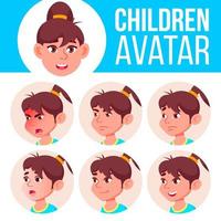 Mädchen-Avatar-Set-Kind-Vektor. Grundschule. Emotionen begegnen. Benutzer, Charakter. Kinder, positiv. komisch, netz. Cartoon-Kopf-Illustration vektor