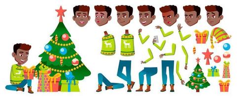 Junge schwarz, afroamerikanischer Vektor. Weihnachtskind. Animationserstellungsset. glückliche Kindheit. Silvester. für web, broschüre, plakatdesign. Gesicht Emotionen, Gesten. animiert. Illustration vektor