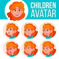 Mädchen-Avatar-Set-Kind-Vektor. Grundschule. roter Kopf. Emotionen begegnen. Schüler. Kind, Geburt. Werbung, Gruß. Cartoon-Kopf-Illustration vektor