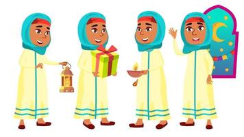 arab, muslim flicka uppsättning vektor. fira ramadan kareem. skola barn. för vykort, meddelande, omslag design. isolerat tecknad serie illustration vektor