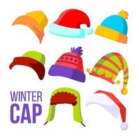 gesetzter vektor der wintermütze. Kopfbedeckungen für kaltes Wetter. Hüte, Mützen. Kleidung für den Herbst. isolierte karikaturillustration