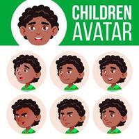 schwarzer, afroamerikanischer junge avatar set kindervektor. Kindergarten. Emotionen begegnen. glückliche Kindheit, positive Person. Lächeln, schön, lustig. Banner, Flyer. Cartoon-Kopf-Illustration vektor