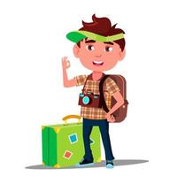 liten resande pojke med resväska, keps på hans huvud och kamera på hans bröst vektor. isolerat illustration vektor