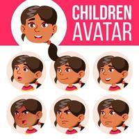 arabischer, muslimischer Mädchen-Avatar-Set-Kind-Vektor. Kindergarten. Emotionen begegnen. emotional, Gesichtsbehandlung, Menschen. lustig, fröhlich. Werbung, Gruß. Cartoon-Kopf-Illustration vektor