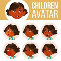 indisk flicka avatar uppsättning unge vektor. dagis. hinduiska. asiatiska. ansikte känslor. emotionell, ansiktsbehandling, människor. barnslig, dagisbarn. layout, reklam. tecknad serie huvud illustration vektor