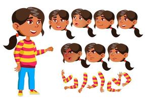arab, muslim flicka, barn, unge, tonåring vektor. leende. söt. lycka njutning. ansikte känslor, olika gester. animering skapande uppsättning. isolerat platt tecknad serie karaktär illustration vektor