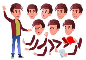 Teenager-Jungen-Vektor. Teenager. positive Person. Gesicht Emotionen, verschiedene Gesten. Animationserstellungsset. isolierte flache zeichentrickfigur illustration vektor