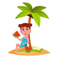 liten flicka äter vattenmelon under handflatan på strand vektor. isolerat illustration vektor