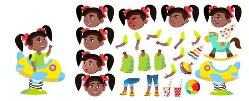 Mädchen Kindergarten Kind Vektor. Animationserstellungsset. Schwarz. Afroamerikaner. Emotionen, Gesten. Babyausdruck. für Präsentation, Druck, Einladungsdesign. animiert. isolierte karikaturillustration vektor