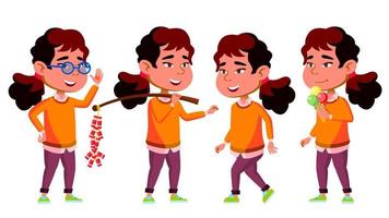 asiatisches mädchen kindergarten kind stellt vektor auf. Vorschule, Kindheit. Freund. für postkarte, cover, plakatdesign. isolierte karikaturillustration