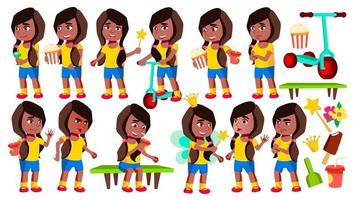 flicka dagis unge poser uppsättning vektor. svart. afro amerikansk. bebis uttryck. förskolebarn. för kort, annons, hälsning design. isolerat tecknad serie illustration vektor