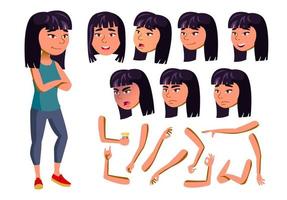 asiatischer jugendlich Mädchenvektor. Teenager. aktiv, ausdruck. Fitness, Sport, Figur, Gesundheit. Gesicht Emotionen, verschiedene Gesten. Animationserstellungsset. isolierte flache zeichentrickfigur illustration vektor