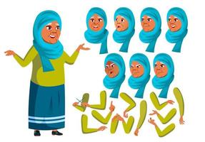 arab, muslim gammal kvinna vektor. senior person. åldrig, äldre människor. ansikte känslor, olika gester. animering skapande uppsättning. isolerat platt tecknad serie karaktär illustration vektor