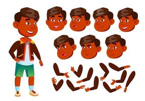 indischer Junge, Kind, Kind, jugendlich Vektor. fröhlicher Schüler. Gesicht Emotionen, verschiedene Gesten. Animationserstellungsset. isolierte flache zeichentrickfigur illustration vektor