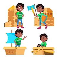 svart, afro amerikan pojke dagis unge poser uppsättning vektor. kartong låda leksak. emotionell karaktär spelar. lekplats. för presentation, inbjudan, kort design. isolerat tecknad serie illustration vektor