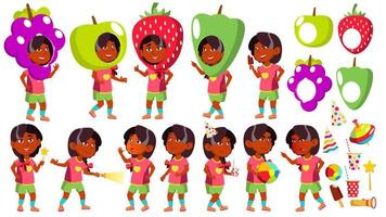 Mädchen-Kindergarten-Kind-Posen-Set-Vektor. indisch, hindu. asiatisch. Partykostüm Karneval. Babyausdruck. Vorschulkind. für Karte, Werbung, Grußdesign. isolierte karikaturillustration vektor