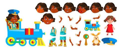indisk flicka dagis unge vektor. animering skapande uppsättning. hinduiska. asiatiska. ansikte känslor, gester. liten barn. leksak. järnväg tåg. omslag, plakat design. animerad. isolerat tecknad serie illustration vektor