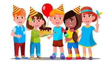 Pojkar och flickor fira födelsedag av barn vektor. isolerat illustration vektor