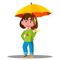 fröhliches Kind mit gelbem Regenschirm im Regenvektor. isolierte Abbildung vektor