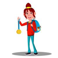 Lycklig barn flicka vinnare med guld medalj vektor. isolerat illustration vektor