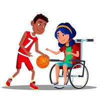 asiatisk flicka i rullstol med afro amerikan pojke spelar basketboll tillsammans vektor. isolerat illustration vektor