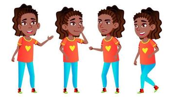 Mädchen, Schulmädchen, Kind, Posen, Vektor. Schwarz. Afroamerikaner. Highschool-Kind. Mitschüler. Leben, emotional, Pose. für Präsentation, Druck, Einladungsdesign. isolierte karikaturillustration vektor