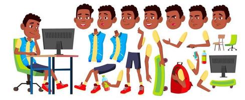 pojke skol unge vektor. svart. afro amerikansk. hög skola barn. animering skapande uppsättning. ansikte känslor, gester. sekundär utbildning. animerad. isolerat tecknad serie illustration vektor