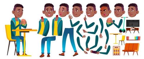 pojke skol unge vektor. svart. afro amerikansk. hög skola barn. animering skapande uppsättning. ansikte känslor, gester. klasskamrat. tonåring, klassrum, rum. animerad. isolerat tecknad serie illustration vektor