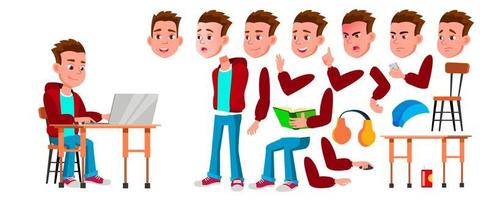 junge schüler kind vektor. Highschool-Kind. Animationserstellungsset. Gesicht Emotionen, Gesten. Kind Schüler. Fach, klug, studierend. für Banner, Flyer, Webdesign. animiert. Cartoon-Illustration vektor