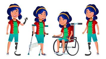 asiatisches mädchenkind stellt gesetzten vektor auf. Highschool-Kind. Behinderte. Rollstuhl. Amputationsprothese. für Banner, Flyer, Webdesign. isolierte karikaturillustration