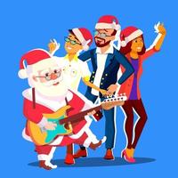 weihnachtsmann tanzt mit einer gruppe von menschen und gitarre in den händen. Büro-Weihnachtsfeier-Banner-Vektorillustration vektor