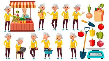 asiatisk gammal kvinna poser uppsättning vektor. äldre människor. ekologisk grönsaker, marknadsföra. senior person. åldrig. söt pensionär. aktivitet. annons, meddelande design. isolerat tecknad serie illustration vektor