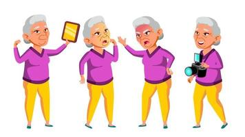 asiatisk gammal kvinna poser uppsättning vektor. äldre människor. senior person. åldrig. skön pensionär. liv. kort, annons, hälsning design. isolerat tecknad serie illustration vektor