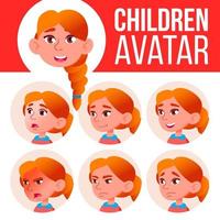 Mädchen-Avatar-Set-Kind-Vektor. Rothaarige. weiterführende Schule. Emotionen begegnen. Emotionen, emotional. Freizeit, lächeln. Cartoon-Kopf-Illustration vektor