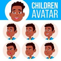 Junge Avatar Set Kindervektor. Afroamerikaner. Schwarz. weiterführende Schule. Emotionen begegnen. flach, porträt. süß, komisch, web. Cartoon-Kopf-Illustration vektor