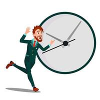 löpning affärsman med enorm klocka, tid förvaltning, deadline vektor. isolerat illustration vektor
