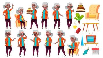 gammal kvinna poser uppsättning vektor. svart. afro amerikansk. äldre människor. senior person. åldrig. positiv pensionär. reklam, plakat, skriva ut design. isolerat tecknad serie illustration vektor