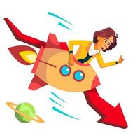 Geschäftsfrau, die eine Rakete reitet, fällt auf den Hintergrund des fallenden roten Pfeilvektors. Illustration vektor